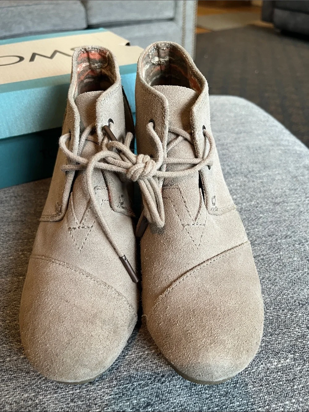 TOMS Beige Suede Wedge Ankle Booties